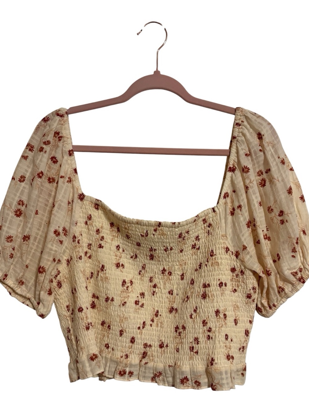 American Eagle Outfitters Cream Crop Top with Red Floral Print